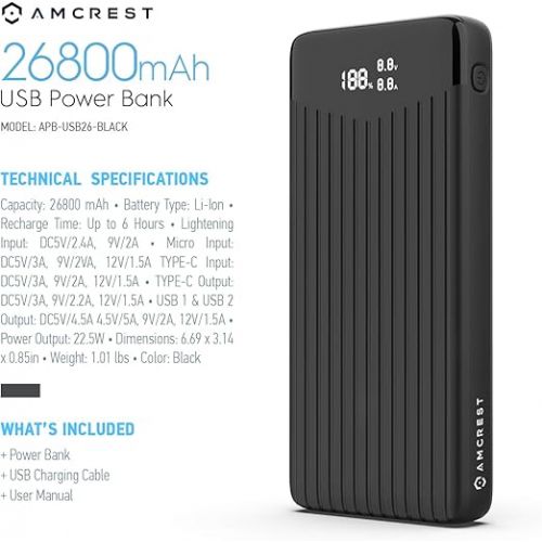  Amcrest USB C Power Bank, 26800mAh Portable Charger USB C, Power Bank Fast Charging 22W PD 3.0, Type C Battery Bank Powerbank with LED Display for Android & iOS Smartphone Devices, and More