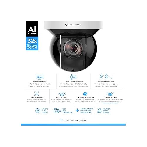  Amcrest 4MP Outdoor PTZ POE + IP Camera Pan Tilt Zoom (Optical 32x Motorized) POE+ Camera Security Speed Dome, People and Vehicle Detection AI, 492ft Night Vision POE+ (802.3at) IP4M-1083EW-AI-V2