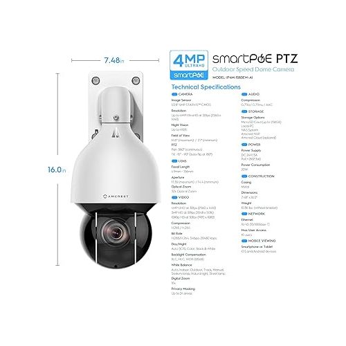  Amcrest 4MP Outdoor PTZ POE + IP Camera Pan Tilt Zoom (Optical 32x Motorized) POE+ Camera Security Speed Dome, People and Vehicle Detection AI, 492ft Night Vision POE+ (802.3at) IP4M-1083EW-AI-V2