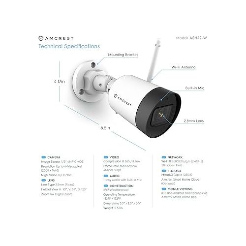  Amcrest SmartHome 4MP Outdoor WiFi Camera Bullet 4MP Outdoor Security Camera, 98ft Night Vision, Built-in Mic, 101° FOV, 2.8mm Lens, MicroSD Storage, REP-ASH42-W (White) (Renewed)