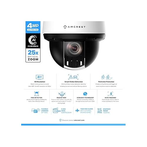  Amcrest 4MP Outdoor PTZ POE + AI IP Camera Pan Tilt Zoom (Optical 25x Motorized) Security Speed Dome, Human and Vehicle Detection, IVS, Face Detection, Auto Tracking, POE+ (802.3at) IP4M-1068EW-AI