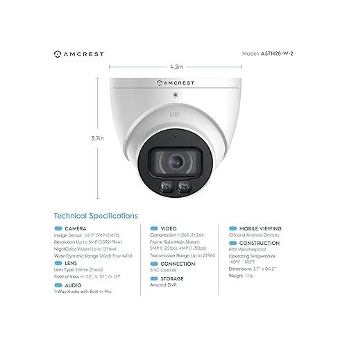  Amcrest Night Color Turret Analog Camera w/ 131ft Full Color Nightvision, Security Camera Outdoor for CCTV DVR, Built-in Microphone, 112° FOV, 5MP@25fps AT5N28-W