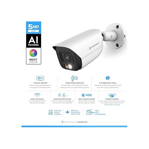  Amcrest 5MP Security Camera System, 4K 8CH PoE NVR, (4) x 5-Megapixel Night Color Bullet POE IP Cameras, Active Deterrent, Pre-Installed 2TB Hard Drive, NV4108E-B1276EW4-2TB (White)