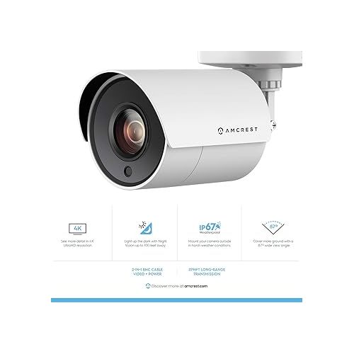  Amcrest UltraHD 4K Bullet Outdoor Security Camera, 4K (8-Megapixel), Analog Camera, 100ft Night Vision, Heavy Duty Housing, 3.6mm Lens 87° Wide Angle, White (AMC4KBC36P-W) (Renewed)