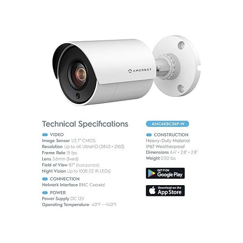  Amcrest UltraHD 4K Bullet Outdoor Security Camera, 4K (8-Megapixel), Analog Camera, 100ft Night Vision, Heavy Duty Housing, 3.6mm Lens 87° Wide Angle, White (AMC4KBC36P-W) (Renewed)