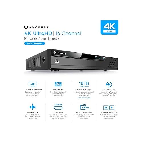  Amcrest 4K 16CH NVR (1080p/3MP/4MP/5MP/8MP) Network Video Recorder - Supports up to 16 x 8MP/4K IP Cameras, 16-Channel Supports up to 10TB HDD (Not Included) NV4116-A2