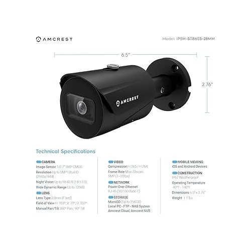  Amcrest 2-Pack UltraHD 5MP Outdoor POE Camera 2592 x 1944p Bullet IP Security Camera, Outdoor IP67 Waterproof, 103° FOV, 2.8mm Lens, 98.4ft Night Vision, 5-Megapixel, IP5M-B1186EB-28MM (Black)