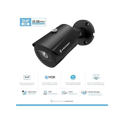  Amcrest 2-Pack UltraHD 5MP Outdoor POE Camera 2592 x 1944p Bullet IP Security Camera, Outdoor IP67 Waterproof, 103° FOV, 2.8mm Lens, 98.4ft Night Vision, 5-Megapixel, IP5M-B1186EB-28MM (Black)