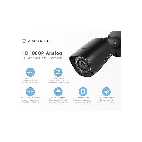 Amcrest Full HD 1080P 1920TVL Bullet Outdoor HDCVI Security Camera, 2MP 1920x1080, 98ft Night Vision, Metal Housing, 3.6mm Lens 90° Viewing Angle, Black (REP-AMC1081BC36-B) (Renewed)