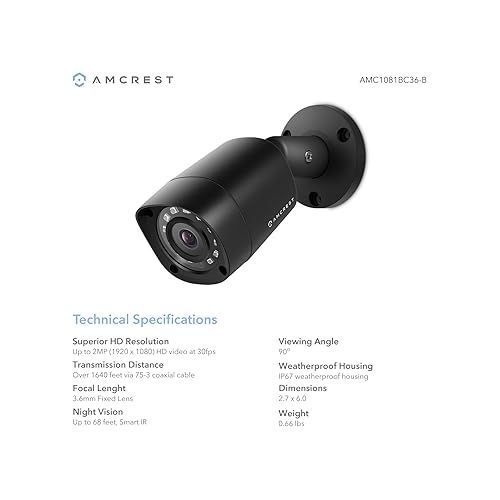  Amcrest Full HD 1080P 1920TVL Bullet Outdoor HDCVI Security Camera, 2MP 1920x1080, 98ft Night Vision, Metal Housing, 3.6mm Lens 90° Viewing Angle, Black (REP-AMC1081BC36-B) (Renewed)