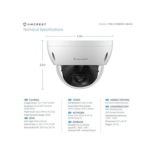  Amcrest 5MP Security Camera System, 4K 8CH PoE NVR, (4) x 5-Megapixel 2.8mm Wide Lens Weatherproof Metal Vandal Dome PoE IP Cameras, Pre-Installed 2TB Hard Drive, NV4108E-IP5M-D1188EW4-2TB (White)