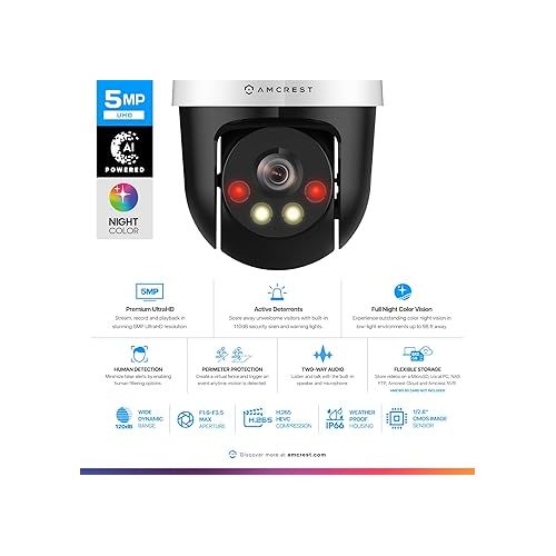  Amcrest 5MP UltraHD Mini AI Outdoor IP PoE Camera, Pan/Tilt Security IP Camera with Two-Way Audio, 98ft Full Color Night Vision, Active Deterrents, 5-Megapixel, Wide 104.8° FOV, IP5M-1190EW (White)