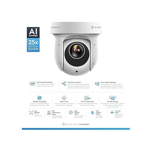  Amcrest 4MP AI PTZ POE IP Camera Pan Tilt Zoom (Optical 25x Motorized Zoom) Speed Dome, Human/Vehicle Detection, F1.6, 1/2.8