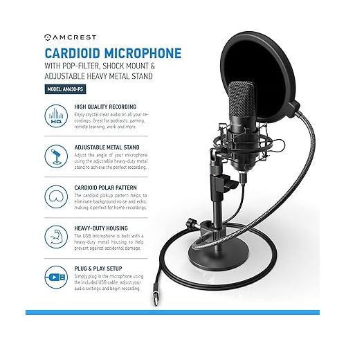  Amcrest Podcast Microphone for Streaming, Voice Recording, Gaming, Conferences, Meetings - Included Pop-Filter, Shock Mount, & Adjustable Heavy Metal Stand, USB AM430-PS