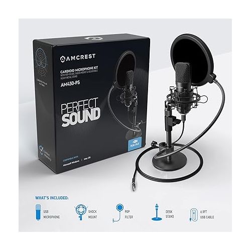  Amcrest Podcast Microphone for Streaming, Voice Recording, Gaming, Conferences, Meetings - Included Pop-Filter, Shock Mount, & Adjustable Heavy Metal Stand, USB AM430-PS