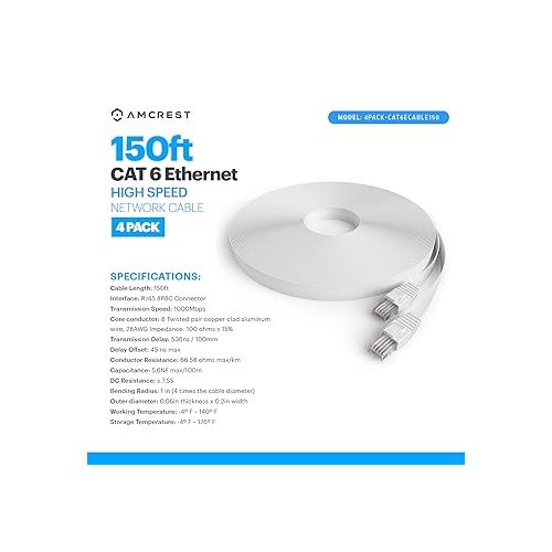  Amcrest CAT6E 4K-Rated Video POE Ethernet Cable 150ft Internet High Speed Network Cable for PoE Security IP Cameras, Smart TV, PS4, Xbox One, Router, Laptop, Computer, Home (4PACK-CAT6ECABLE150)