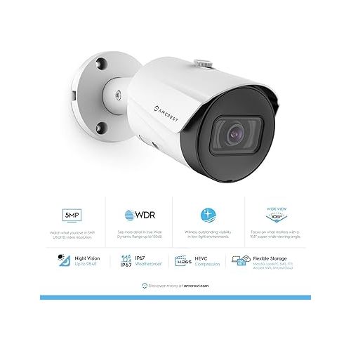  Amcrest 5MP Outdoor POE Camera 2592x1944p Bullet IP Security Camera, 103° Viewing Angle, 98.4ft Night Vision, 5-Megapixel, (REP-IP5M-B1186EW-28MM) White (Renewed)