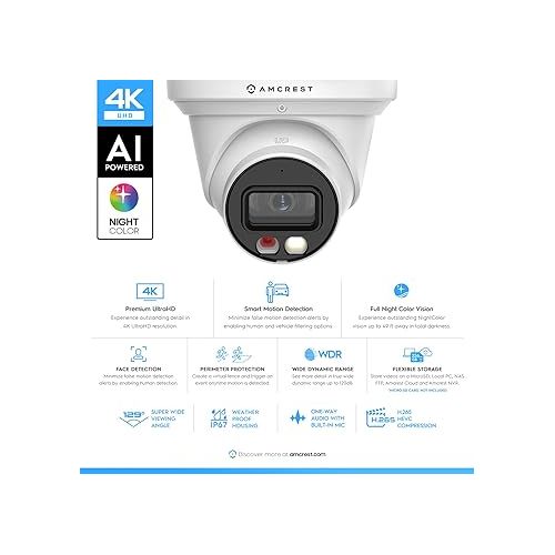  Amcrest 4K (8MP) IP PoE AI Camera, 49ft Color Nightvision, Security Outdoor Turret Camera, 60ft Cat6E Cable, Human & Vehicle Detection, Active Deterrent, 4K @15fps IP8M-2779EW1-CAT6CABLE60FT1 (White)