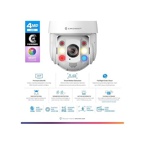  Amcrest 4MP Outdoor PTZ POE+ 802.3at AI IP Camera Pan Tilt Zoom (Optical 25x Motorized), Face Detection, High Speed Auto Tracking, Video MetaData Monitoring, 492ft IR Night Vision, IP4M-1093EW-AI