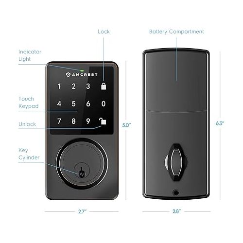  Amcrest Keyless Entry Door Lock Deadbolt, Digital Door Locks with Keypads, Smart Lock, Electronic Keypad Door Knob Cylinder Deadbolt, Automatic Locking, Heavy Duty Commercial Grade ADL220-B