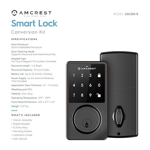  Amcrest Keyless Entry Door Lock Deadbolt, Digital Door Locks with Keypads, Smart Lock, Electronic Keypad Door Knob Cylinder Deadbolt, Automatic Locking, Heavy Duty Commercial Grade ADL220-B