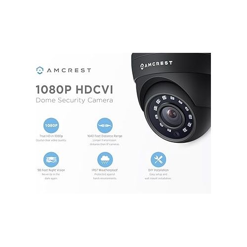  Amcrest Full HD 1080P 1920TVL Dome Outdoor Security Camera, 2MP 1920x1080, 3.6mm Lens 90° Viewing Angle, Black (REP-AMC1080DM36-B) (Renewed)