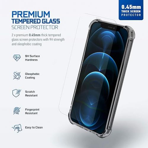  Amcrest Compatible Case for iPhone 12 Pro Max with 2 x Tempered Glass Screen Protectors, Crystal Clear iPhone 12 Pro Max Case, Clear 360° Hardened Backing, TPU Bumper, 3in1 Shockproof (Black)