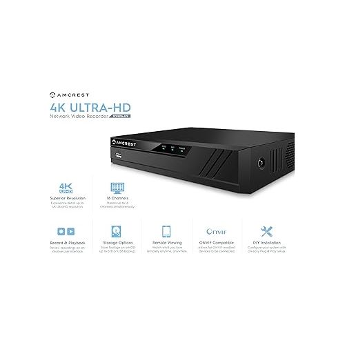  Amcrest 4K 16CH NVR (1080p/3MP/4MP/5MP/8MP) Network Video Recorder - Supports up to 16 x 4K IP Cameras, 16-Channel, Supports up to 6TB Hard Drive (No Built-in WiFi) (REP-NV4116-HS) (Renewed)