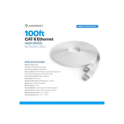  Amcrest CAT6E 4K-Rated Video POE Ethernet Cable 100ft Internet High Speed Network Cable for PoE Security IP Cameras, Smart TV, PS4, Xbox One, Router, Laptop, Computer, Home (CAT6ECABLE100)