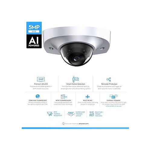  Amcrest 5-Megapixel Wedge IP PoE AI Camera, Security IP Camera Outdoor, Built-in Microphone, Human & Vehicle Detection, Perimeter Protection, 98ft Night Vision, 130° FOV, 5MP@20fps IP5M-W1150EW-AI
