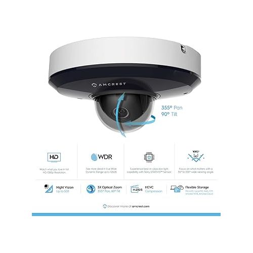  Amcrest ProHD 1080P PTZ Camera Outdoor, 2MP Outdoor Vandal Dome IP PoE Camera (3X Optical Zoom) IK08 Vandal-Proof, IP66 Weatherproof, Night Vision up to 49ft, Pan/Tilt (IP2M-866EW) (White) (Renewed)