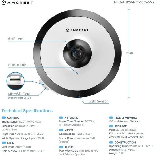  Amcrest Fisheye POE Camera, 360° Panoramic 5-Megapixel POE IP Camera, Fish Eye Security Indoor Camera, 33ft Nightvision, IVS Features and MicroSD Recording, IP5M-F1180EW-V2 (White)