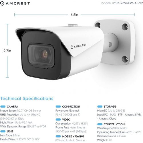  Amcrest UltraHD 4K (8MP) Outdoor Bullet POE IP Camera, 3840x2160, 98ft NightVision, 2.8mm Lens, IP67 Weatherproof, MicroSD Recording, White (IP8M-2496EW-V2)