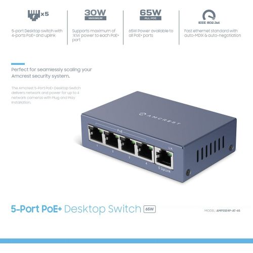  [아마존베스트]Amcrest AMPS5E4P-At-65 5-Port PoE+ Power Over Ethernet Poe Switch