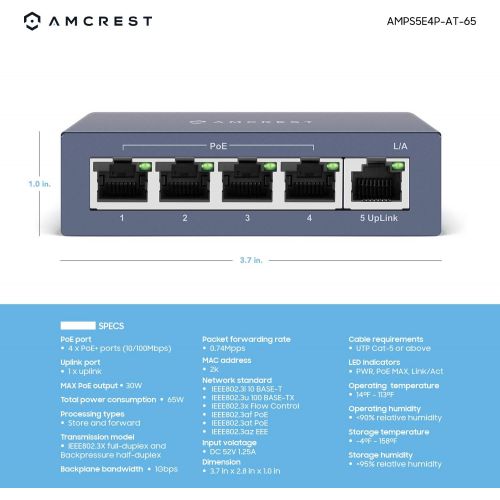  [아마존베스트]Amcrest AMPS5E4P-At-65 5-Port PoE+ Power Over Ethernet Poe Switch