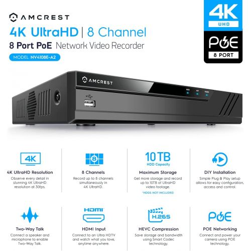  [아마존베스트]Amcrest 4K 8CH POE NVR (1080p/3MP/4MP/5MP/6MP/8MP/4K) Network Video Recorder - Supports up to 8 x 8MP/4K IP Cameras, 8-Channel Power Over Ethernet, Pre-Installed 2TB Hard Drive (NV