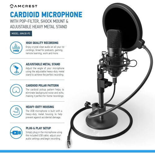  Amcrest USB Microphone for Voice Recordings, Podcasts, Gaming, Online Conferences, Live Streaming, Cardioid Microphone with Pop-Filter, Shock Mount, Adjustable Heavy Metal Stand, A