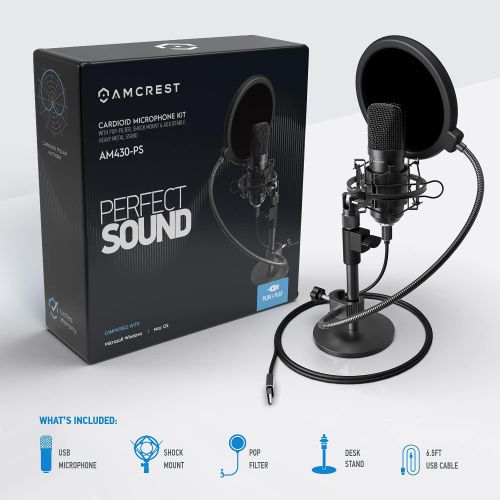  Amcrest USB Microphone for Voice Recordings, Podcasts, Gaming, Online Conferences, Live Streaming, Cardioid Microphone with Pop-Filter, Shock Mount, Adjustable Heavy Metal Stand, A