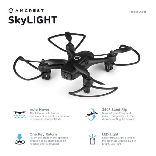  Amcrest Skylight Mini-Drone w/LED Light, Training Drone for Kids & Beginners, RC Helicopter Drone with Remote Control, Headless Mode, Altitude Hold, Stunt Flip (A3-B) Black