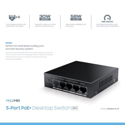  Amcrest 5-Port POE+ Switch with Metal Housing, 4-Ports POE+ Power Over Ethernet Plus 802.3at 58w (AMPS5E4P-AT-58)