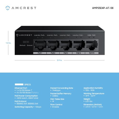  Amcrest 5-Port POE+ Switch with Metal Housing, 4-Ports POE+ Power Over Ethernet Plus 802.3at 58w (AMPS5E4P-AT-58)