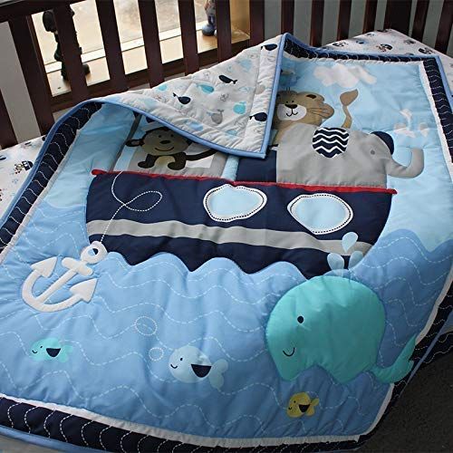  American MalAk 3 Pieces Crib Bedding Set for Boys Lion & Elephants & Giraffe & Monkey Cute Animal Designs (Blue)