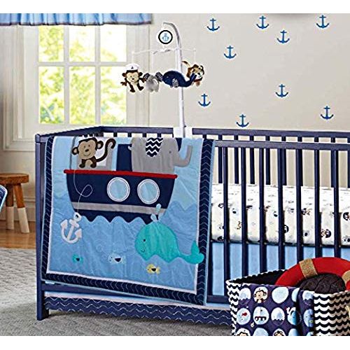  American MalAk 3 Pieces Crib Bedding Set for Boys Lion & Elephants & Giraffe & Monkey Cute Animal Designs (Blue)