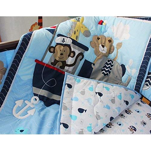  American MalAk 3 Pieces Crib Bedding Set for Boys Lion & Elephants & Giraffe & Monkey Cute Animal Designs (Blue)