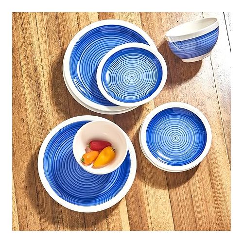  American Atelier Spiral Dinnerware Set - 12-Piece Stonware Party Collection w/ 4 Dinner Salad Plates, 4 Bowls - Unique Gift Idea for Any Special Occasion or Birthday, Sapphire