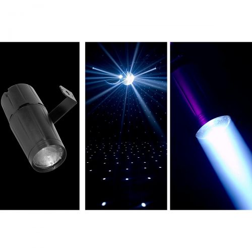  American DJ},description:Tightly focused LED pinspot with powerful beam. This is ideal for highlighting smaller areas on a stage and most especially for aiming into a mirror ball.