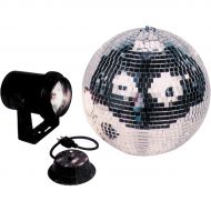 American DJ},description:16 disco ball from American DJ with AC motor and pinspot with lamp.