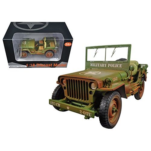  US Army WWII Jeep Vehicle Military Police Green Weathered Version 118 Diecast Model Car by American Diorama 77406A