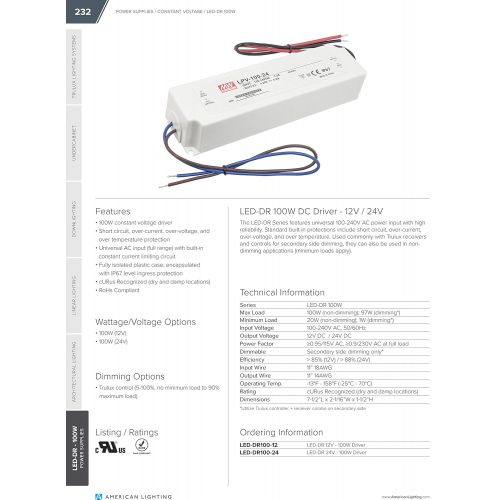  American Lighting LED-DR100-12 LED Constant Voltage Hardwire Driver, 12V DC, 1-100 Watts, Non-Dimming