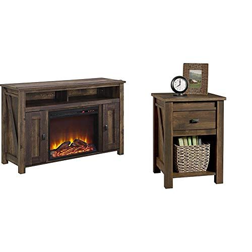  Ameriwood Home Farmington Electric Fireplace TV Console for TVs up to 50, Rustic & Farmington Night Stand, Rustic,Small, Century Barn Pine -